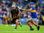 6 July 2025; Shea O'Kane, St Columba's PS, Kilrea, Derry, representing Kilkenny, in action against Daire McCawley, St Clare's NS, Manorhamilton, Leitrim, representing Tipperary, during the GAA INTO Cumann na mBunscol Respect Exhibition Go Games match at the GAA Hurling All-Ireland Senior Championship semi-final match between Kilkenny and Tipperary at Croke Park in Dublin. Photo by Ray McManus/Sportsfile