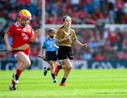 5 July 2025; Referee Chloe Carroll, Ardrahan National School, Ardrahan, Galway, during the GAA INTO Cumann na mBunscol Respect Exhibition Go Games match at the GAA Hurling All-Ireland Senior Championship semi-final match between Cork and Dublin at Croke Park in Dublin. Photo by Ray McManus/Sportsfile