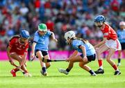 5 July 2025; Ayanah Fitzpatrick, GS Liatroma, Cora Droma Ruisc, Leitrim, representing Cork, in action against Sarah McVeigh, Grange P.S, Kilkeel, Down, representing Dublin, during the GAA INTO Cumann na mBunscol Respect Exhibition Go Games match at the GAA Hurling All-Ireland Senior Championship semi-final match between Cork and Dublin at Croke Park in Dublin. Photo by Ray McManus/Sportsfile