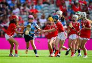 5 July 2025; Sophie Scallan, St Patrick's N.S, Johnstown, Arklow, Wicklow, representing Dublin, in action against Annie Hegarty, Kilnamona N.S, Ennis, Clare, representing Cork, during the GAA INTO Cumann na mBunscol Respect Exhibition Go Games match at the GAA Hurling All-Ireland Senior Championship semi-final match between Cork and Dublin at Croke Park in Dublin. Photo by Ray McManus/Sportsfile