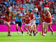 5 July 2025; Sophie Scallan, St Patrick's N.S, Johnstown, Arklow, Wicklow, representing Dublin, and Shannon Kenny, GS Uileog de Búrca, Clár Chlainne Mhuiris, Mayo, representing Cork, during the GAA INTO Cumann na mBunscol Respect Exhibition Go Games match at the GAA Hurling All-Ireland Senior Championship semi-final match between Cork and Dublin at Croke Park in Dublin. Photo by Ray McManus/Sportsfile