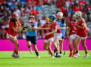 5 July 2025; Sophie Scallan, St Patrick's N.S, Johnstown, Arklow, Wicklow, representing Dublin, in action against Annie Hegarty, Kilnamona N.S, Ennis, Clare, representing Cork, during the GAA INTO Cumann na mBunscol Respect Exhibition Go Games match at the GAA Hurling All-Ireland Senior Championship semi-final match between Cork and Dublin at Croke Park in Dublin. Photo by Ray McManus/Sportsfile