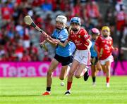 5 July 2025; Amy Gillespie, Ballinamere N.S, Ballinamere, Offaly, representing Dublin, is tackled by Aoibheann Burke, Cregmore N.S, Claregalway, Galway, representing Cork, during the GAA INTO Cumann na mBunscol Respect Exhibition Go Games match at the GAA Hurling All-Ireland Senior Championship semi-final match between Cork and Dublin at Croke Park in Dublin. Photo by Ray McManus/Sportsfile