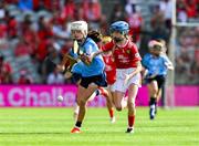 5 July 2025; Amy Gillespie, Ballinamere N.S, Ballinamere, Offaly, representing Dublin, is tackled by Aoibheann Burke, Cregmore N.S, Claregalway, Galway, representing Cork, during the GAA INTO Cumann na mBunscol Respect Exhibition Go Games match at the GAA Hurling All-Ireland Senior Championship semi-final match between Cork and Dublin at Croke Park in Dublin. Photo by Ray McManus/Sportsfile