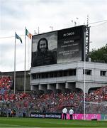 5 July 2025; The late Oisín Hoy, Clontarf GAA, is remembered before the GAA Hurling All-Ireland Senior Championship semi-final match between Cork and Dublin at Croke Park in Dublin. Photo by Ray McManus/Sportsfile