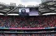 5 July 2025; The late Oisín Hoy, Clontarf GAA, is remembered before the GAA Hurling All-Ireland Senior Championship semi-final match between Cork and Dublin at Croke Park in Dublin. Photo by Ray McManus/Sportsfile