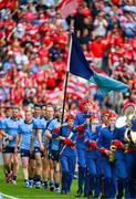 5 July 2025; Dublin captain Conor Burke leads the players in pre match parade before the GAA Hurling All-Ireland Senior Championship semi-final match between Cork and Dublin at Croke Park in Dublin. Photo by Ray McManus/Sportsfile