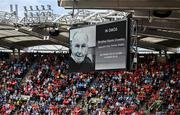 5 July 2025; A general view of the big screen displaying a tribute to the late Brother Kevin Crowley before the GAA Hurling All-Ireland Senior Championship semi-final match between Cork and Dublin at Croke Park in Dublin. Photo by Stephen McCarthy/Sportsfile