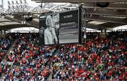5 July 2025; A general view of the big screen displaying a tribute to the late Phyllis Hetherton before the GAA Hurling All-Ireland Senior Championship semi-final match between Cork and Dublin at Croke Park in Dublin. Photo by Stephen McCarthy/Sportsfile