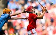 5 July 2025; Robbie Mallon, St Mary’s Ballygunner, Waterford City, Waterford, representing Cork, and Simon McDonagh, St Aidan’s S.N.S, Brookfield, Tallaght, Dublin, representing Dublin, during the GAA Hurling All-Ireland Senior Championship semi-final match between Cork and Dublin at Croke Park in Dublin. Photo by Ramsey Cardy/Sportsfile