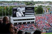 5 July 2025; A general view of the big screen displaying a tribute to the late Phyllis Hetherton before the GAA Hurling All-Ireland Senior Championship semi-final match between Cork and Dublin at Croke Park in Dublin. Photo by Stephen McCarthy/Sportsfile