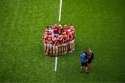 5 July 2025; Cork players huddle before the GAA Hurling All-Ireland Senior Championship semi-final match between Cork and Dublin at Croke Park in Dublin. Photo by Stephen McCarthy/Sportsfile