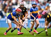 6 July 2025; Alice Burrows, St Joseph's NS, Westport, Mayo, representing Tipperary, during the GAA INTO Cumann na mBunscol Respect Exhibition Go Games match at the GAA Hurling All-Ireland Senior Championship semi-final match between Kilkenny and Tipperary at Croke Park in Dublin. Photo by Ramsey Cardy/Sportsfile
