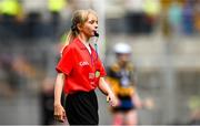 6 July 2025; Referee Caoileann Cooney, Ballyea NS, Ballyea, Ennis, Clare, during the GAA INTO Cumann na mBunscol Respect Exhibition Go Games match at the GAA Hurling All-Ireland Senior Championship semi-final match between Kilkenny and Tipperary at Croke Park in Dublin. Photo by Ramsey Cardy/Sportsfile