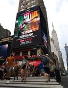 7 July 2025; A general view of a Taylor v Serrano advertisement near Madison Square Garden with the Empire State Building in the background during Katie Taylor v Amanda Serrano 3 fight week ahead of their undisputed super lightweight championship fight that will take place at Madison Square Garden in New York on Friday, 11th July. Photo by Stephen McCarthy/Sportsfile