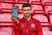 9 July 2025; Michael Duffy of Derry City poses for a portrait with his SSE Airtricity / SWI Player of the Month Award for June 2025 at Dungiven in Derry. Photo by Oliver McVeigh/Sportsfile
