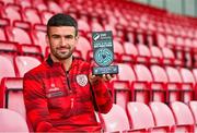 9 July 2025; Michael Duffy of Derry City poses for a portrait with his SSE Airtricity / SWI Player of the Month Award for June 2025 at Dungiven in Derry. Photo by Oliver McVeigh/Sportsfile