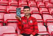9 July 2025; Michael Duffy of Derry City poses for a portrait with his SSE Airtricity / SWI Player of the Month Award for June 2025 at Dungiven in Derry. Photo by Oliver McVeigh/Sportsfile