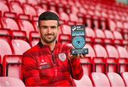 9 July 2025; Michael Duffy of Derry City poses for a portrait with his SSE Airtricity / SWI Player of the Month Award for June 2025 at Dungiven in Derry. Photo by Oliver McVeigh/Sportsfile