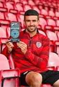 9 July 2025; Michael Duffy of Derry City poses for a portrait with his SSE Airtricity / SWI Player of the Month Award for June 2025 at Dungiven in Derry. Photo by Oliver McVeigh/Sportsfile