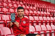 9 July 2025; Michael Duffy of Derry City poses for a portrait with his SSE Airtricity / SWI Player of the Month Award for June 2025 at Dungiven in Derry. Photo by Oliver McVeigh/Sportsfile
