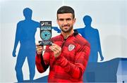 9 July 2025; Michael Duffy of Derry City poses for a portrait with his SSE Airtricity / SWI Player of the Month Award for June 2025 at Dungiven in Derry. Photo by Oliver McVeigh/Sportsfile