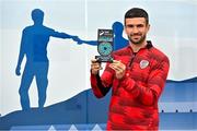 9 July 2025; Michael Duffy of Derry City poses for a portrait with his SSE Airtricity / SWI Player of the Month Award for June 2025 at Dungiven in Derry. Photo by Oliver McVeigh/Sportsfile
