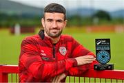 9 July 2025; Michael Duffy of Derry City poses for a portrait with his SSE Airtricity / SWI Player of the Month Award for June 2025 at Dungiven in Derry. Photo by Oliver McVeigh/Sportsfile