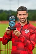 9 July 2025; Michael Duffy of Derry City poses for a portrait with his SSE Airtricity / SWI Player of the Month Award for June 2025 at Dungiven in Derry. Photo by Oliver McVeigh/Sportsfile