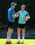 8 July 2025; Nathan Doak, right, and head coach Paul O'Connell during an Ireland Rugby squad training at the Grupo Desportivo Direito in Lisbon, Portugal. Photo by Carlos Rodrigues/Sportsfile