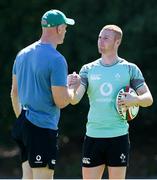 8 July 2025; Nathan Doak, right, with head coach Paul O'Connell during an Ireland Rugby squad training at the Grupo Desportivo Direito in Lisbon, Portugal. Photo by Carlos Rodrigues/Sportsfile