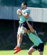 8 July 2025; Max Deegan, left, and Tom Stewart during an Ireland Rugby squad training at the Grupo Desportivo Direito in Lisbon, Portugal. Photo by Carlos Rodrigues/Sportsfile