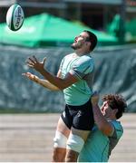 8 July 2025; Max Deegan, left, and Tom Stewart during an Ireland Rugby squad training at the Grupo Desportivo Direito in Lisbon, Portugal. Photo by Carlos Rodrigues/Sportsfile