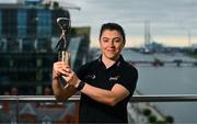 8 July 2025; PwC GPA Player of the Month for April in camogie, Niamh Mallon of Galway, with her award at PwC’s offices in Dublin. Photo by Tyler Miller/Sportsfile
