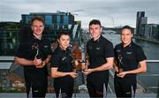 8 July 2025; PwC GAA/GPA Players of the Month for June, from left, in hurling, Conor Burke of Dublin, in camogie, Niamh Mallon of Galway, in football, Jordan Morris of Meath, and in ladies’ football, Emma Murray of Waterford with their awards at PwC offices in Dublin. Photo by Tyler Miller/Sportsfile