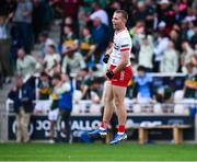 6 July 2025; Diarmuid Martin of Tyrone, scorer of the winning point, celebrates after the Electric Ireland GAA Football All-Ireland Minor Championship final match between Kerry and Tyrone at Cedral St Conleth's Park in Newbridge, Kildare. Photo by Piaras Ó Mídheach/Sportsfile