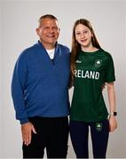 8 July 2025; Swimmer Julia Dziedzic and coach Alan Turner during a Team Ireland announcement for the athletes selected to compete at the European Youth Olympic Festival in Skopje, North Macedonia, proudly supported by Allianz. The European Youth Olympic Festival takes place in Skopje, North Macedonia, taking place from 20 – 26 July. Photo by Ramsey Cardy/Sportsfile