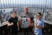 8 July 2025; Katie Taylor, left, and Amanda Serrano with Jake Paul, co-Founder of Most Valuable Promotions, on the 86th floor Observatory of the Empire State Building, in New York, USA, to kick off Taylor v Serrano 3 fight week ahead of their undisputed super lightweight championship fight that will take place at Madison Square Garden in New York on Friday, 11th July. Additionally, in honor of the historic trilogy fight, the Empire State Building will shine its world-famous tower lights in the colors of Taylor’s and Serrano’s homelands – green, white and orange to represent the Irish flag and blue, white and red to represent the Puerto Rican flag – on fight night. Photo by Stephen McCarthy/Sportsfile