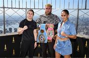 8 July 2025; Katie Taylor, left, and Amanda Serrano with Jake Paul, co-Founder of Most Valuable Promotions, on the 86th floor Observatory of the Empire State Building, in New York, USA, to kick off Taylor v Serrano 3 fight week ahead of their undisputed super lightweight championship fight that will take place at Madison Square Garden in New York on Friday, 11th July. Additionally, in honor of the historic trilogy fight, the Empire State Building will shine its world-famous tower lights in the colors of Taylor’s and Serrano’s homelands – green, white and orange to represent the Irish flag and blue, white and red to represent the Puerto Rican flag – on fight night. Photo by Stephen McCarthy/Sportsfile