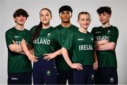 9 July 2025; Gymnasts, from left, Finlay Hazleton, Estella Volkoff, Chester Enríquez, Roisin Hickey and Robert Ward during a Team Ireland announcement for the athletes selected to compete at the European Youth Olympic Festival in Skopje, North Macedonia, proudly supported by Allianz. The European Youth Olympic Festival takes place in Skopje, North Macedonia, taking place from 20 – 26 July. Photo by Ramsey Cardy/Sportsfile