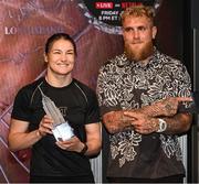 8 July 2025; Katie Taylor and Jake Paul, co-Founder of Most Valuable Promotions, during a lighting up of the Empire State Building, in New York, USA, to kick off Taylor v Serrano 3 fight week ahead of their undisputed super lightweight championship fight that will take place at Madison Square Garden in New York on Friday, 11th July. Additionally, in honor of the historic trilogy fight, the Empire State Building will shine its world-famous tower lights in the colors of Taylor’s and Serrano’s homelands – green, white and orange to represent the Irish flag and blue, white and red to represent the Puerto Rican flag – on fight night. Photo by Stephen McCarthy/Sportsfile