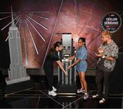 8 July 2025; Katie Taylor, left, and Amanda Serrano with Jake Paul, co-Founder of Most Valuable Promotions, during a lighting up of the Empire State Building, in New York, USA, to kick off Taylor v Serrano 3 fight week ahead of their undisputed super lightweight championship fight that will take place at Madison Square Garden in New York on Friday, 11th July. Additionally, in honor of the historic trilogy fight, the Empire State Building will shine its world-famous tower lights in the colors of Taylor’s and Serrano’s homelands – green, white and orange to represent the Irish flag and blue, white and red to represent the Puerto Rican flag – on fight night. Photo by Stephen McCarthy/Sportsfile