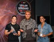 8 July 2025; Katie Taylor, left, and Amanda Serrano with Jake Paul, co-Founder of Most Valuable Promotions, during a lighting up of the Empire State Building, in New York, USA, to kick off Taylor v Serrano 3 fight week ahead of their undisputed super lightweight championship fight that will take place at Madison Square Garden in New York on Friday, 11th July. Additionally, in honor of the historic trilogy fight, the Empire State Building will shine its world-famous tower lights in the colors of Taylor’s and Serrano’s homelands – green, white and orange to represent the Irish flag and blue, white and red to represent the Puerto Rican flag – on fight night. Photo by Stephen McCarthy/Sportsfile