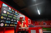 8 July 2025; Head coach Joey O'Brien, left, and Mark Coyle during a Shelbourne Media Conference at Tolka Park in Dublin. Photo by Tyler Miller/Sportsfile