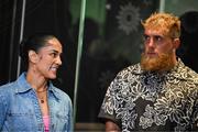 8 July 2025; Amanda Serrano and Jake Paul, co-Founder of Most Valuable Promotions, during a lighting up of the Empire State Building, in New York, USA, to kick off Taylor v Serrano 3 fight week ahead of their undisputed super lightweight championship fight that will take place at Madison Square Garden in New York on Friday, 11th July. Additionally, in honor of the historic trilogy fight, the Empire State Building will shine its world-famous tower lights in the colors of Taylor’s and Serrano’s homelands – green, white and orange to represent the Irish flag and blue, white and red to represent the Puerto Rican flag – on fight night. Photo by Stephen McCarthy/Sportsfile