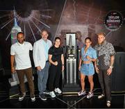 8 July 2025; Katie Taylor and Amanda Serrano, second from right, with Nakisa Bidarian, co-Founder of Most Valuable Promotions, left, Joel Fisher, executive vice president, marquee events and operations, MSG Entertainment, and Jake Paul, co-Founder of Most Valuable Promotions, right, during a lighting up of the Empire State Building, in New York, USA, to kick off Taylor v Serrano 3 fight week ahead of their undisputed super lightweight championship fight that will take place at Madison Square Garden in New York on Friday, 11th July. Additionally, in honor of the historic trilogy fight, the Empire State Building will shine its world-famous tower lights in the colors of Taylor’s and Serrano’s homelands – green, white and orange to represent the Irish flag and blue, white and red to represent the Puerto Rican flag – on fight night. Photo by Stephen McCarthy/Sportsfile
