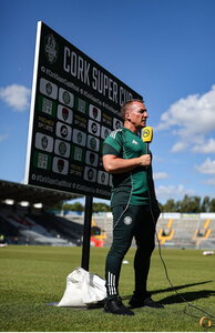 8 July 2025; Celtic manager Brendan Rogers is interviewed before the Cork Super Cup match between Cork City and Celtic FC at SuperValu Páirc Uí Chaoimh in Cork. Photo by Thomas Flinkow/Sportsfile