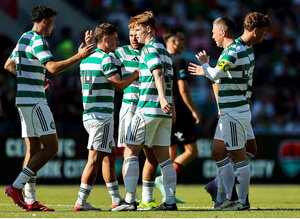 8 July 2025; Luke McCowan of Celtic, second from left, celebrates with teammates after scoring his side's first goal during the Cork Super Cup match between Cork City and Celtic FC at SuperValu Páirc Uí Chaoimh in Cork. Photo by Thomas Flinkow/Sportsfile