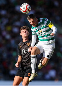 8 July 2025; Callum McGregor of Celtic in action against Charlie Lutz of Cork City during the Cork Super Cup match between Cork City and Celtic FC at SuperValu Páirc Uí Chaoimh in Cork. Photo by Thomas Flinkow/Sportsfile