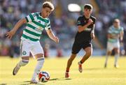 8 July 2025; Callum Osmand of Celtic in action against Matthew Kiernan of Cork City during the Cork Super Cup match between Cork City and Celtic FC at SuperValu Páirc Uí Chaoimh in Cork. Photo by Thomas Flinkow/Sportsfile